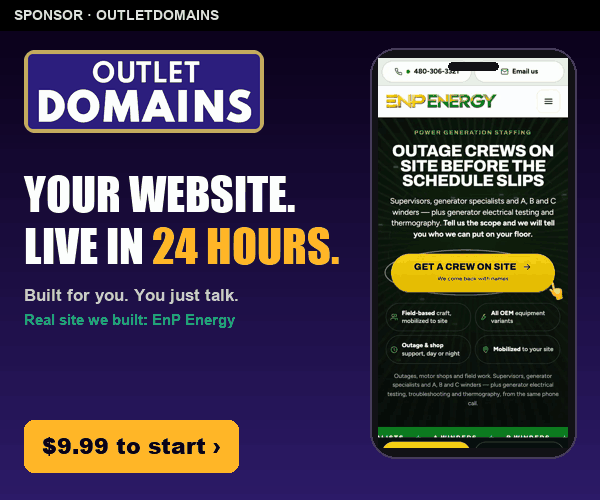 Your website, live in 24 hours, $9.99 to start. OutletDomains